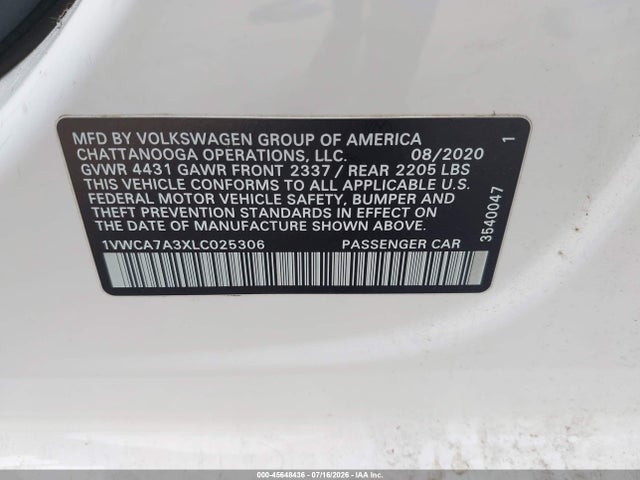 2020 Volkswagen Passat 2.0t Sel მანქანა იყიდება აუქციონზე, vin: 1VWCA7A3XLC025306, აუქციონის ნომერი: 45648436