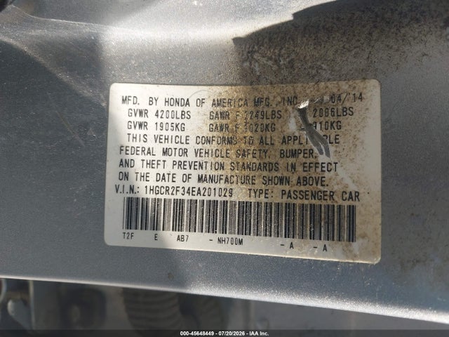 45648449 :رقم المزاد ، 1HGCR2F34EA201029 vin ، 2014 Honda Accord Lx مزاد بيع