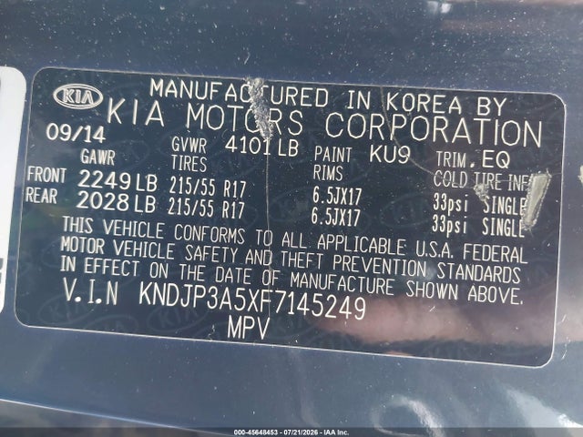 KIA SOUL + 2015 KNDJP3A5XF7145249 Image 9