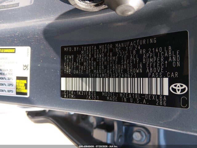 Aukcja sprzedaży 2025 Toyota Corolla Le, vin: 5YFB4MDE3SP249671, numer aukcji: 45648456