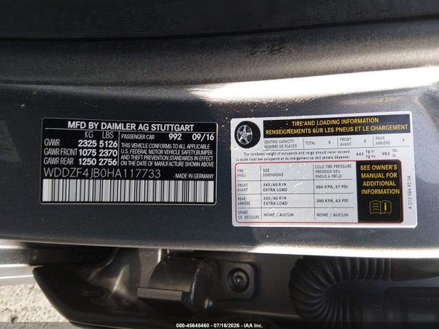 45648460 :رقم المزاد ، WDDZF4JB0HA117733 vin ، 2017 Mercedes-benz E 300 مزاد بيع