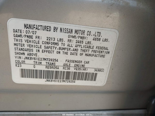 Aukcja sprzedaży 2007 Infiniti G35 Sport, vin: JNKBV61E27M729254, numer aukcji: 45648463