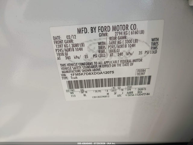 Продажа на аукционе авто 2013 Ford Explorer Xlt, vin: 1FM5K7D8XDGA12075, номер лота: 45648465