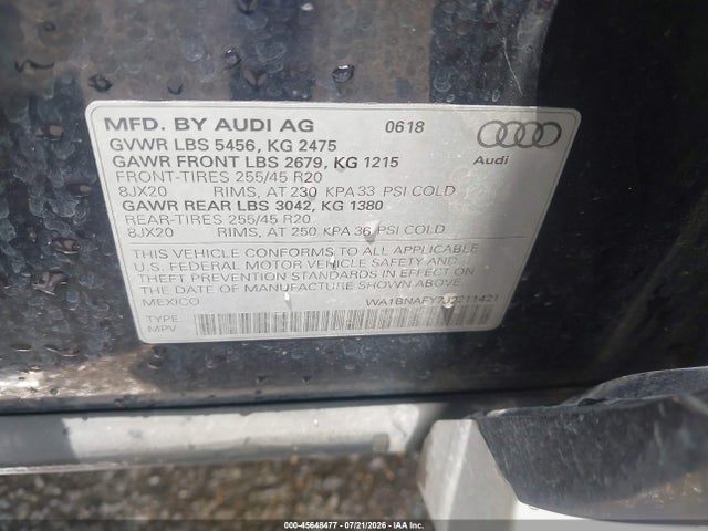 45648477 :رقم المزاد ، WA1BNAFY7J2211421 vin ، 2018 Audi Q5 2.0t Premium/2.0t Tech Premium مزاد بيع