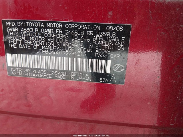 2009 Lexus Es 350 მანქანა იყიდება აუქციონზე, vin: JTHBJ46G192281212, აუქციონის ნომერი: 45648481