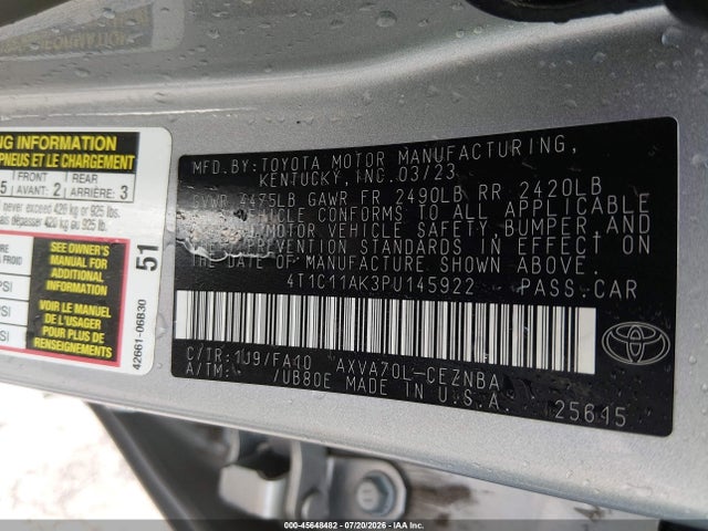 45648482 :رقم المزاد ، 4T1C11AK3PU145922 vin ، 2023 Toyota Camry Le مزاد بيع