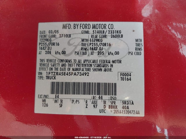 45648488 :رقم المزاد ، 1FTZR45E45PA73492 vin ، 2005 Ford Ranger Edge/fx4 Level Ii/fx4 Off-road/xlt مزاد بيع