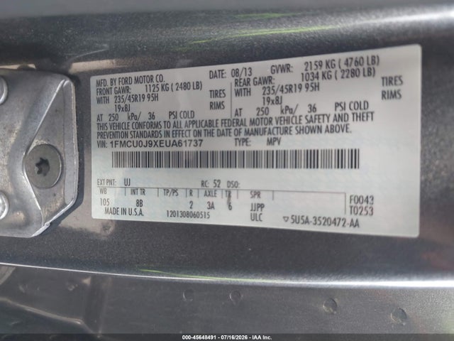 2014 Ford Escape Titanium მანქანა იყიდება აუქციონზე, vin: 1FMCU0J9XEUA61737, აუქციონის ნომერი: 45648491
