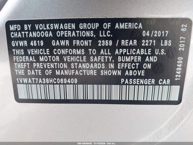 Продаж на аукціоні авто 2017 Volkswagen Passat 1.8t S, vin: 1VWAT7A38HC069409, номер лоту: 45648492