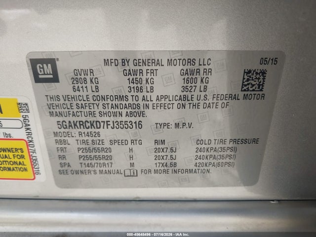 Продаж на аукціоні авто 2015 Buick Enclave Premium, vin: 5GAKRCKD7FJ355316, номер лоту: 45648496