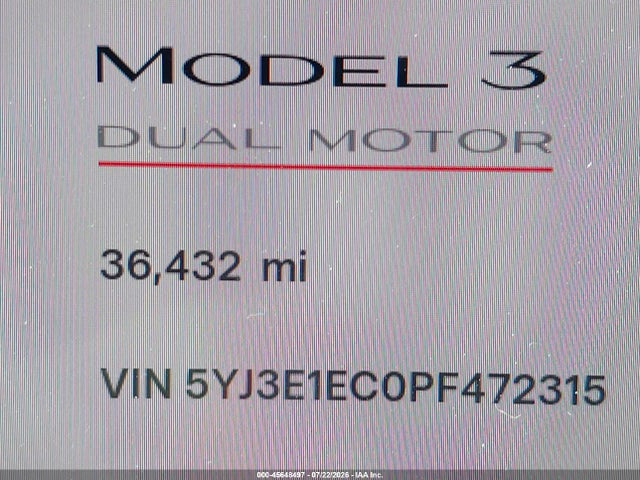 45648497 :رقم المزاد ، 5YJ3E1EC0PF472315 vin ، 2023 Tesla Model 3 Performance Dual Motor All-wheel Drive مزاد بيع