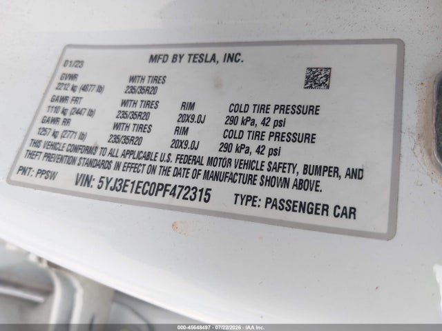 45648497 :رقم المزاد ، 5YJ3E1EC0PF472315 vin ، 2023 Tesla Model 3 Performance Dual Motor All-wheel Drive مزاد بيع