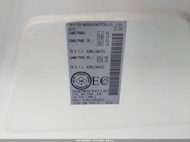 5N1DR2MM5HC647130 Nissan Pathfinder Platinum/s/sl/sv