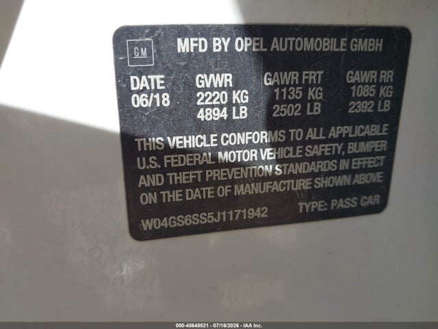 2018 Buick Regal Sportback Gs მანქანა იყიდება აუქციონზე, vin: W04GS6SS5J1171942, აუქციონის ნომერი: 45648521