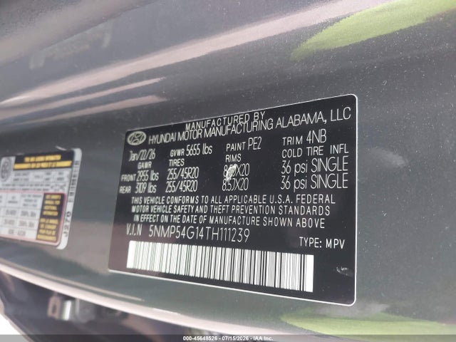 Aukcja sprzedaży 2026 Hyundai Santa Fe Hybrid Calligraphy, vin: 5NMP54G14TH111239, numer aukcji: 45648526