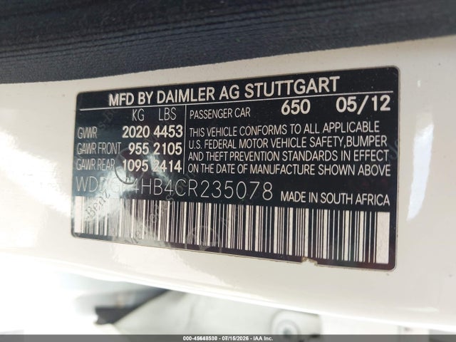 45648530 :رقم المزاد ، WDDGF4HB4CR235078 vin ، 2012 Mercedes-benz C 250 Luxury/sport مزاد بيع