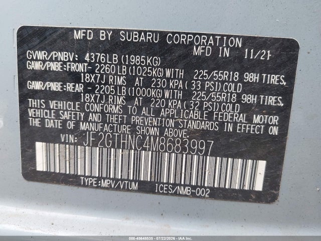 Aukcja sprzedaży 2021 Subaru Crosstrek Limited, vin: JF2GTHNC4M8683997, numer aukcji: 45648535