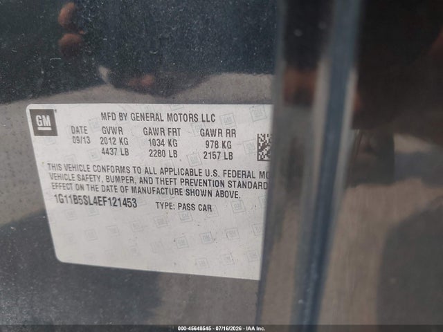 45648545 :رقم المزاد ، 1G11B5SL4EF121453 vin ، 2014 Chevrolet Malibu 1ls مزاد بيع