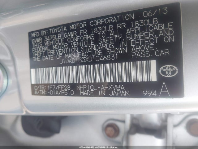 2013 Toyota Prius C Two მანქანა იყიდება აუქციონზე, vin: JTDKDTB3XD1046831, აუქციონის ნომერი: 45648570