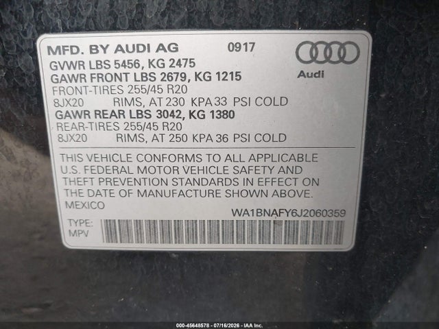 45648578 :رقم المزاد ، WA1BNAFY6J2060359 vin ، 2018 Audi Q5 2.0t Premium مزاد بيع