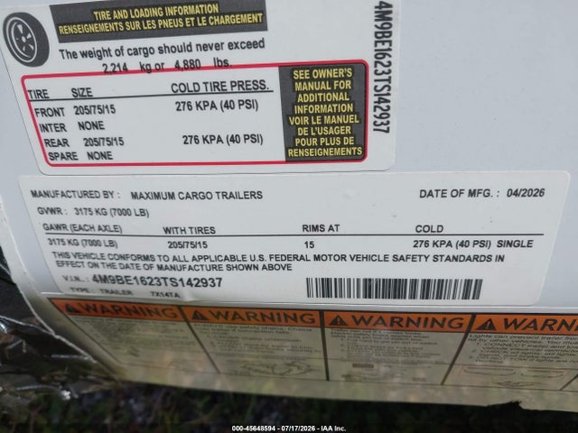 Maximum Cargo Traile 7x16 V-nose Enclosed 2026 4M9BE1623TS142937 Image 9