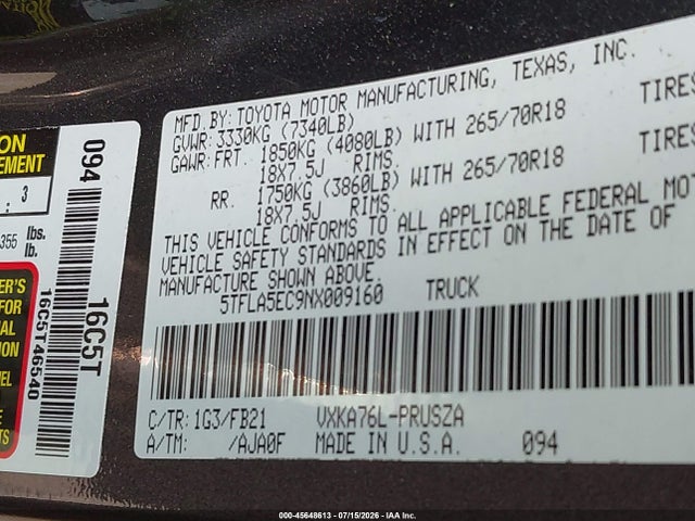 Toyota Tundra Sr5 2022 5TFLA5EC9NX009160 Image 9