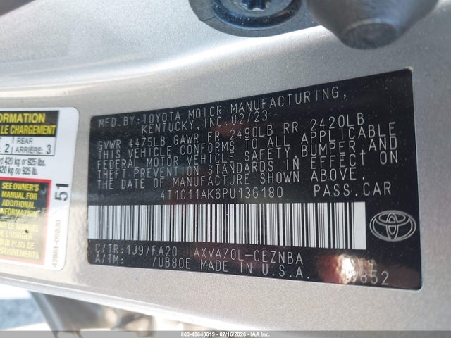 2023 Toyota Camry Le მანქანა იყიდება აუქციონზე, vin: 4T1C11AK6PU136180, აუქციონის ნომერი: 45648619