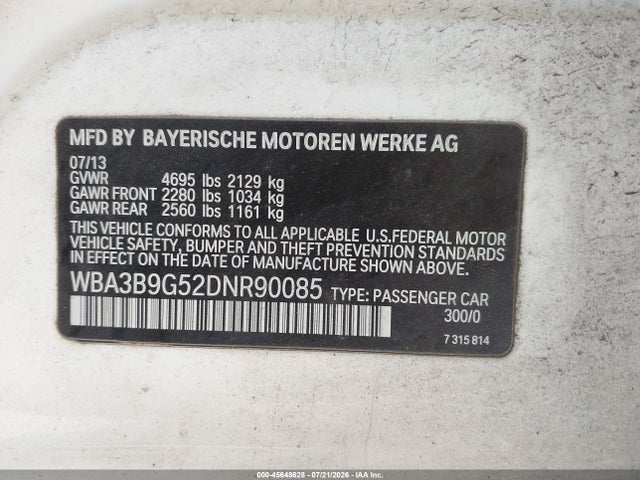 2013 Bmw 335i Xdrive მანქანა იყიდება აუქციონზე, vin: WBA3B9G52DNR90085, აუქციონის ნომერი: 45648628