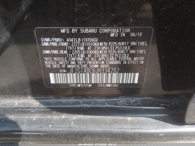 Продаж на аукціоні авто 2018 Subaru Crosstrek 2.0i Premium, vin: JF2GTABC6JH334282, номер лоту: 45648630