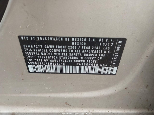 45648634 :رقم المزاد ، 3VWD07AJ4EM225718 vin ، 2014 Volkswagen Jetta 1.8t Se مزاد بيع