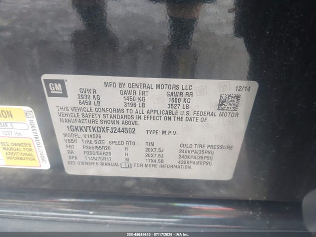 2015 Gmc Acadia Denali მანქანა იყიდება აუქციონზე, vin: 1GKKVTKDXFJ244502, აუქციონის ნომერი: 45648640