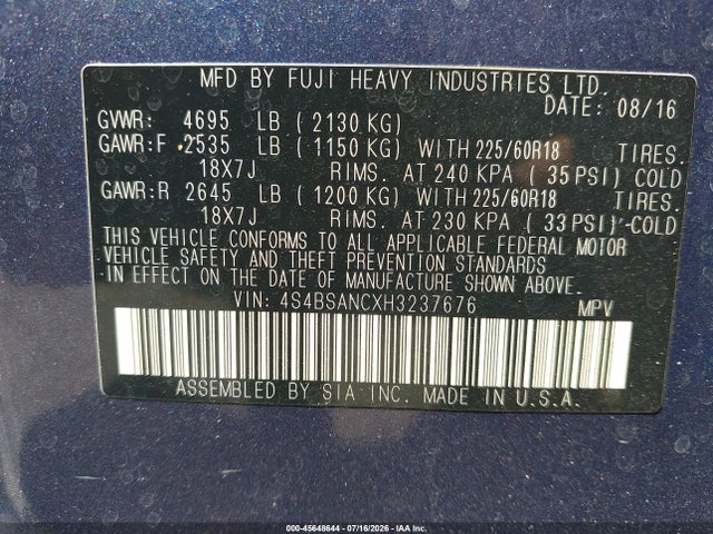 Продаж на аукціоні авто 2017 Subaru Outback 2.5i Limited, vin: 4S4BSANCXH3237676, номер лоту: 45648644