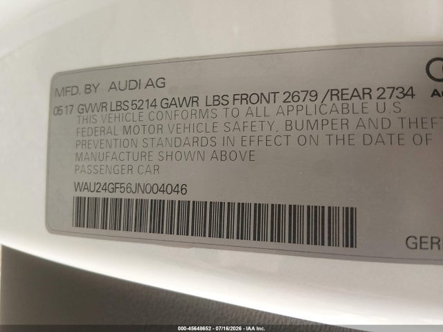 Auction sale of the 2018 Audi S5 3.0t Premium Plus, vin: WAU24GF56JN004046, lot number: 45648652