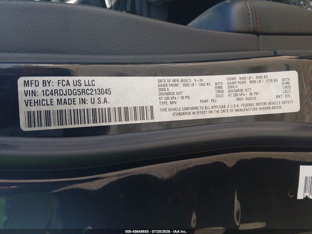 Продаж на аукціоні авто 2024 Dodge Durango Gt Plus Awd, vin: 1C4RDJDG5RC213045, номер лоту: 45648655