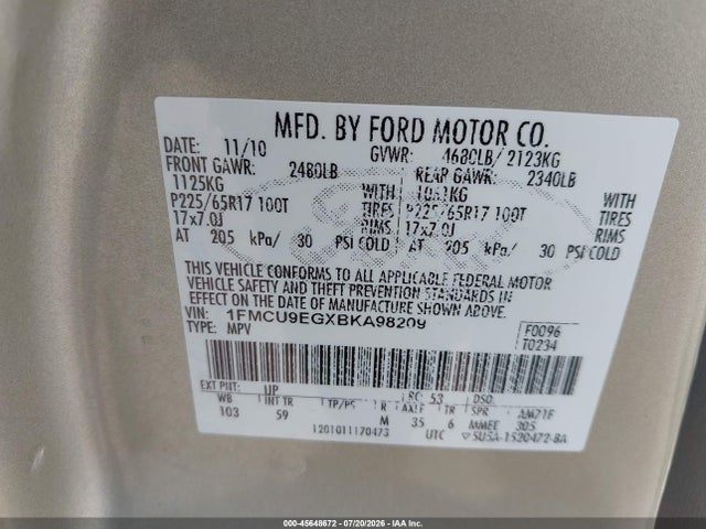 2011 Ford Escape Limited მანქანა იყიდება აუქციონზე, vin: 1FMCU9EGXBKA98209, აუქციონის ნომერი: 45648672