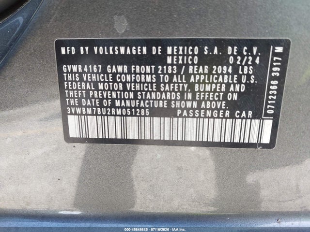 Aukcja sprzedaży 2024 Volkswagen Jetta 1.5t Sport, vin: 3VWBM7BU2RM051285, numer aukcji: 45648685
