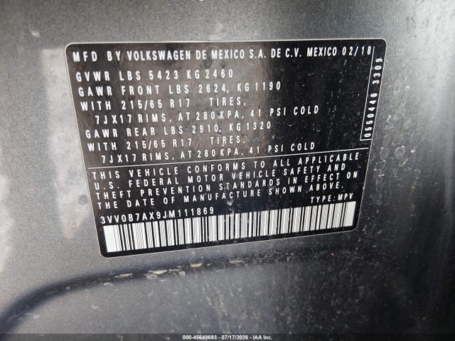 2018 Volkswagen Tiguan 2.0t S მანქანა იყიდება აუქციონზე, vin: 3VV0B7AX9JM111869, აუქციონის ნომერი: 45648693