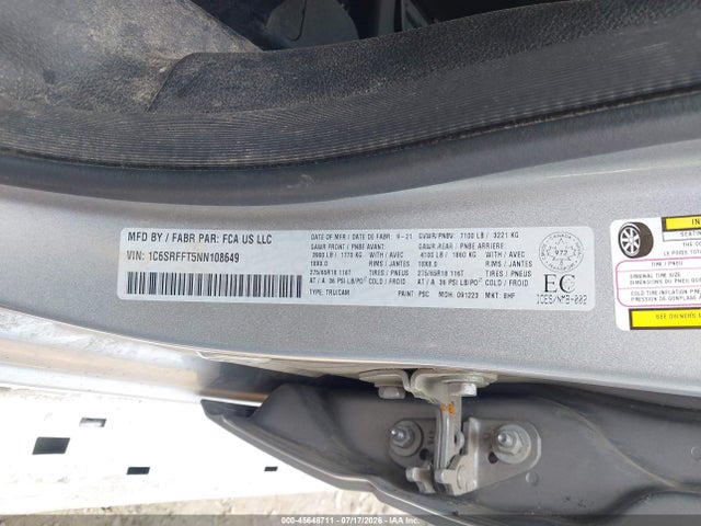 2022 Ram 1500 Big Horn მანქანა იყიდება აუქციონზე, vin: 1C6SRFFT5NN108649, აუქციონის ნომერი: 45648711
