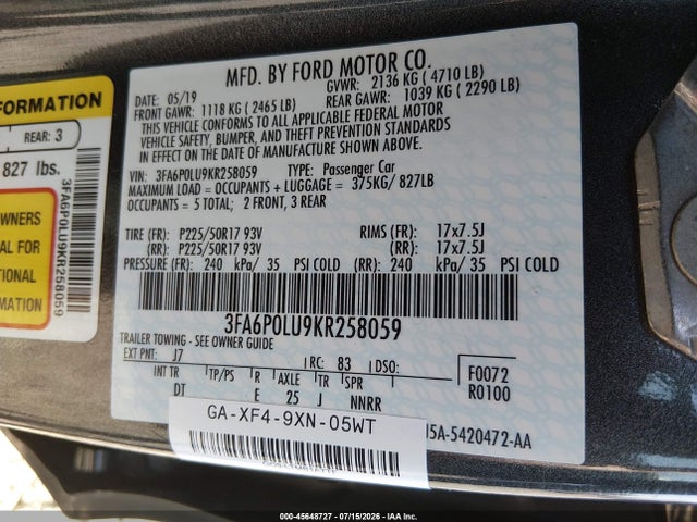Ford Fusion Hybrid Se 2019 3FA6P0LU9KR258059 Image 9