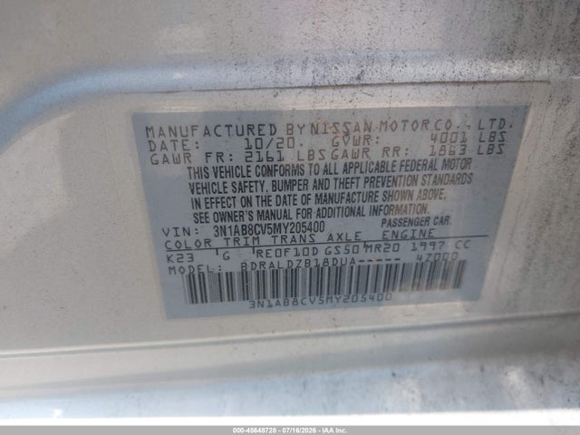 45648728 :رقم المزاد ، 3N1AB8CV5MY205400 vin ، 2021 Nissan Sentra Sv Xtronic Cvt مزاد بيع
