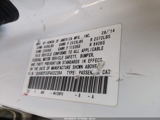 45648734 :رقم المزاد ، 19UUB2F50FA002264 vin ، 2015 Acura Tlx V6 Tech مزاد بيع