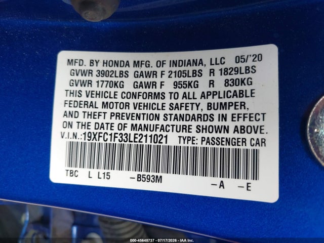 Honda CIVIC EX 2020 19XFC1F33LE211021 Image 9