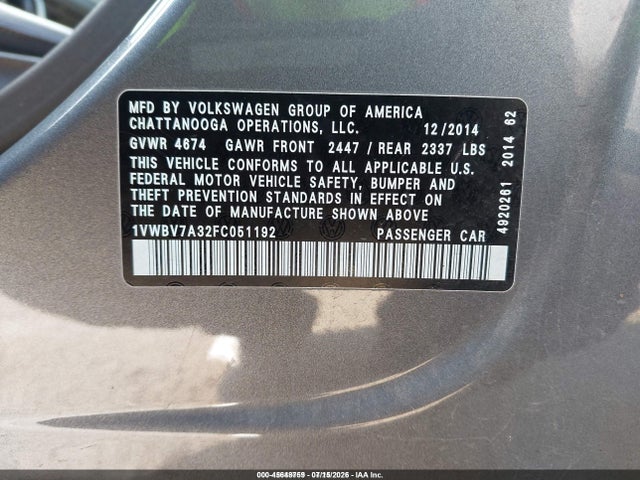 1VWBV7A32FC051192 Volkswagen Passat 2.0l Tdi Se