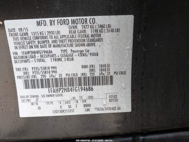 Продаж на аукціоні авто 2015 Ford Taurus Sel, vin: 1FAHP2H84FG194686, номер лоту: 45648760