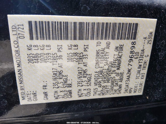 5N1AT3AA2MC796898 Nissan Rogue S Fwd