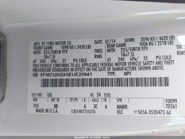Продажа на аукционе авто 2014 Ford Escape Se, vin: 1FMCU0GX0EUE20941, номер лота: 45648770