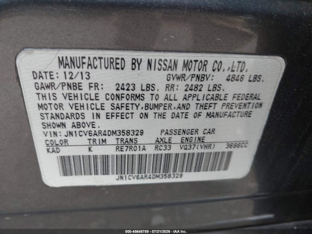 Продаж на аукціоні авто 2013 Infiniti G37x, vin: JN1CV6AR4DM358329, номер лоту: 45648789