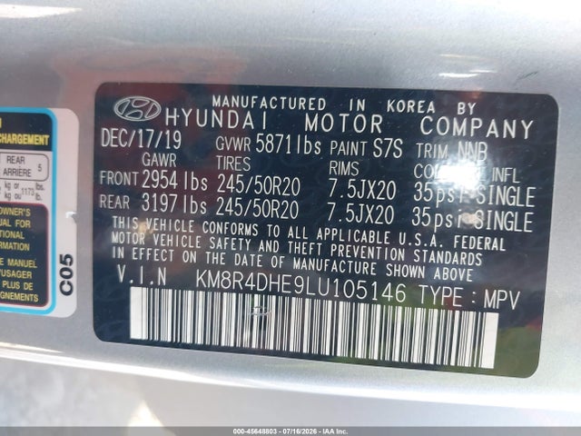 Продаж на аукціоні авто 2020 Hyundai Palisade Sel, vin: KM8R4DHE9LU105146, номер лоту: 45648803
