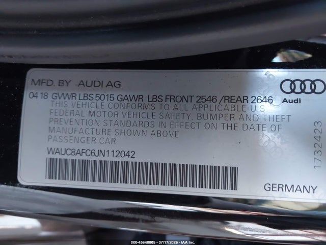 45648805 :رقم المزاد ، WAUC8AFC6JN112042 vin ، 2018 Audi A6 2.0t Premium/2.0t Sport مزاد بيع