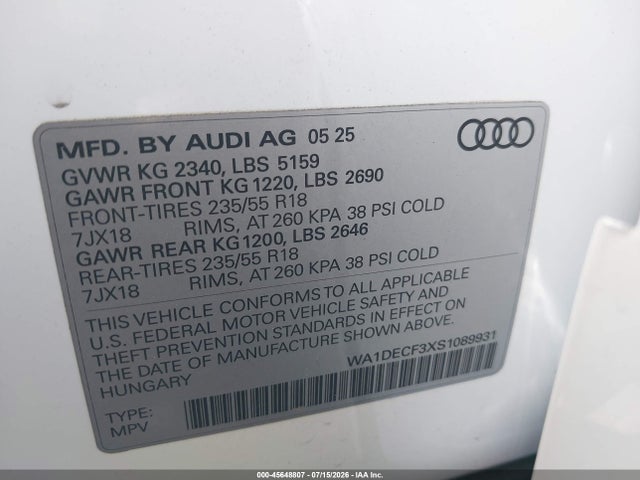 WA1DECF3XS1089931 Audi Q3 Premium 45 Tfsi S Line Quattro Tiptronic